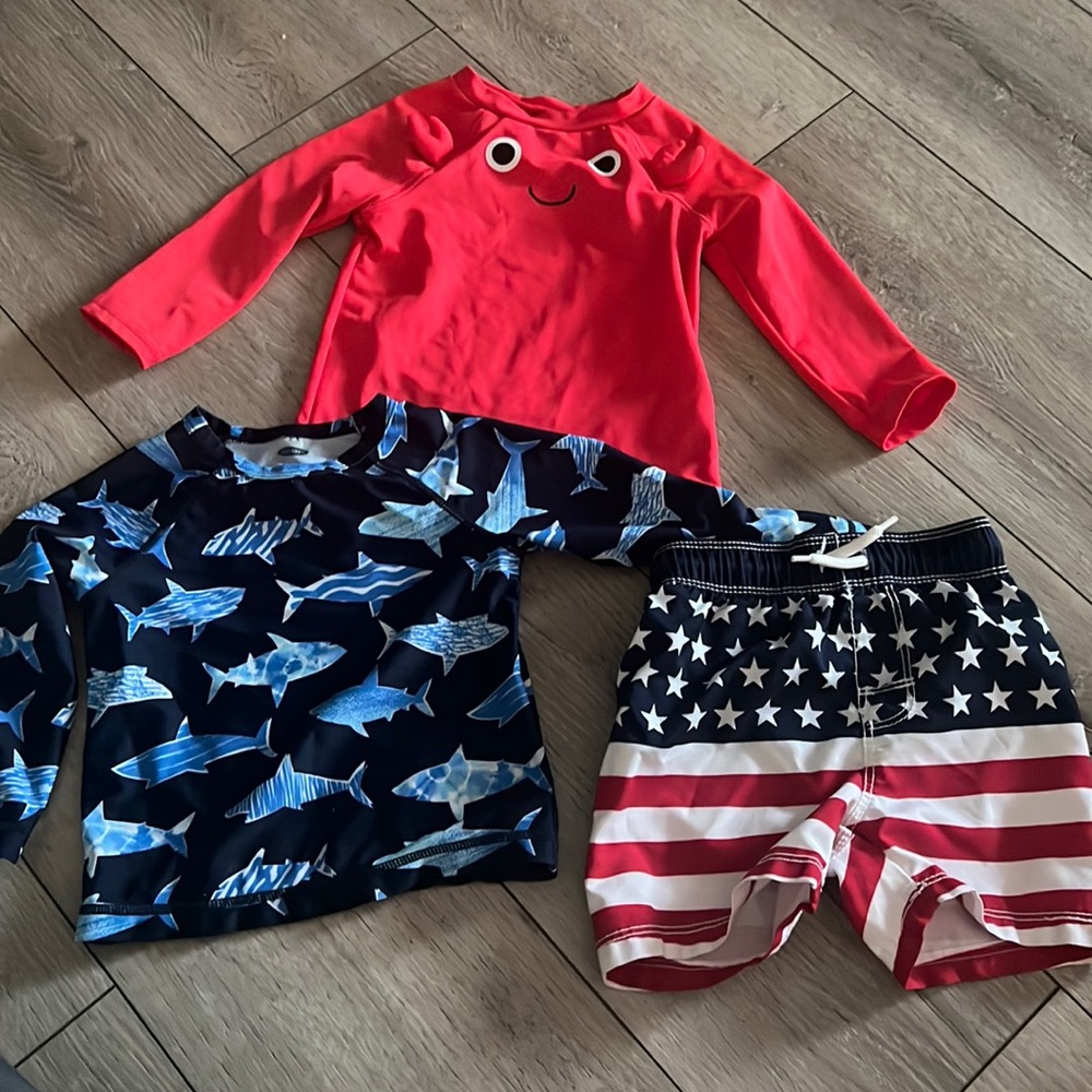 Swim shirts (shark one 12-18 months)(crab one 18 months)12-18 month swim trunks